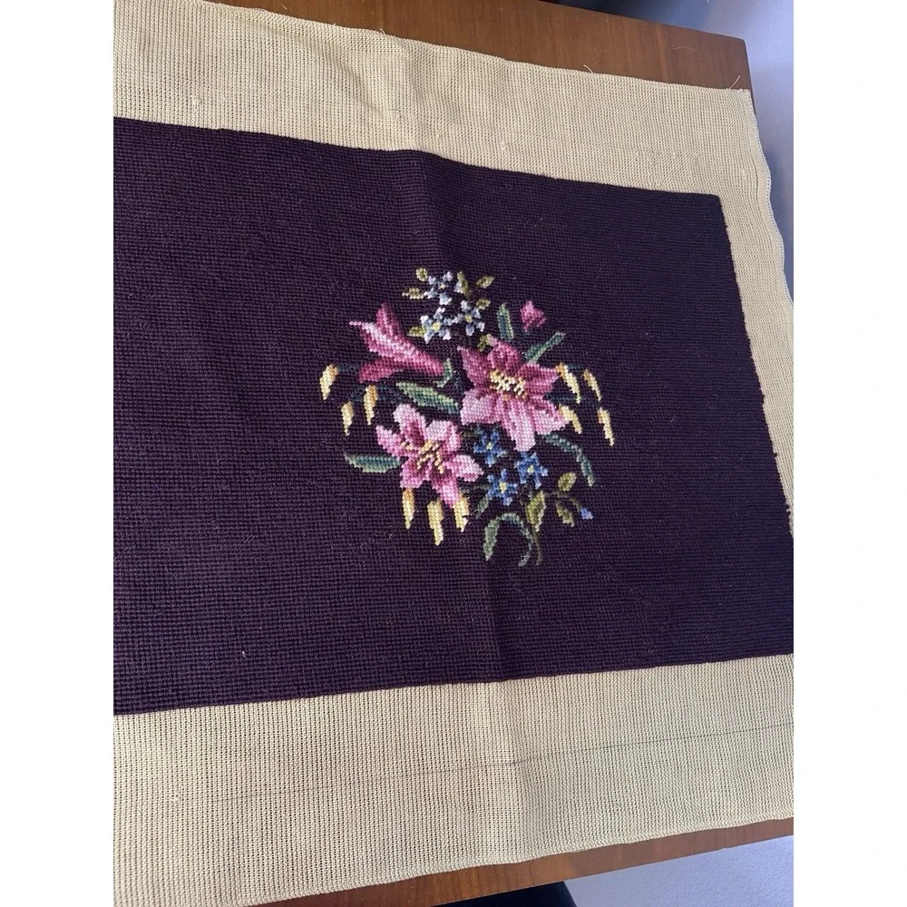Vintage Completed Floral Lily Needlepoint Canvas Purple Cushion Pillow